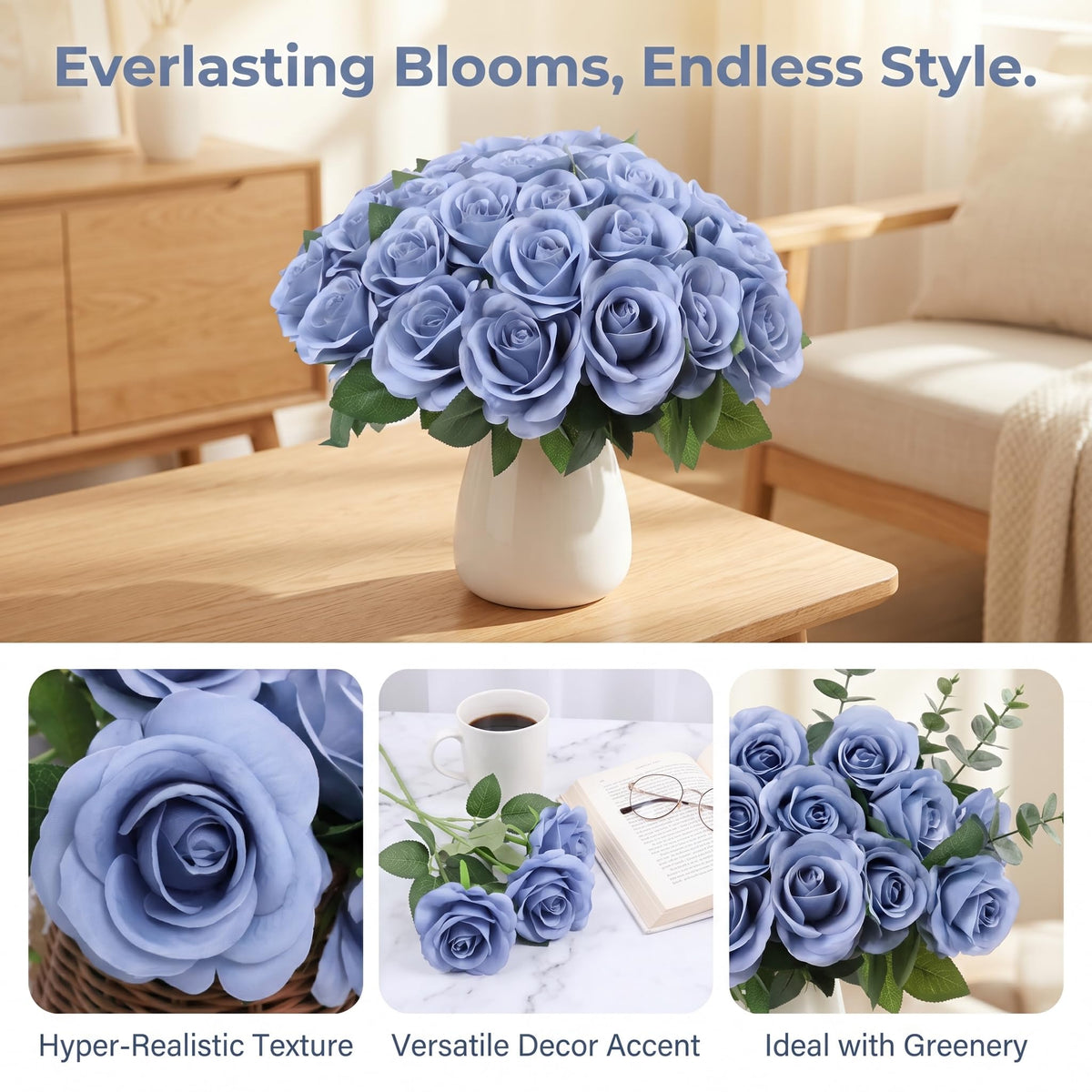52pcs Dusty Blue Flowers Fake Roses Artificial Flowers Fake Flowers