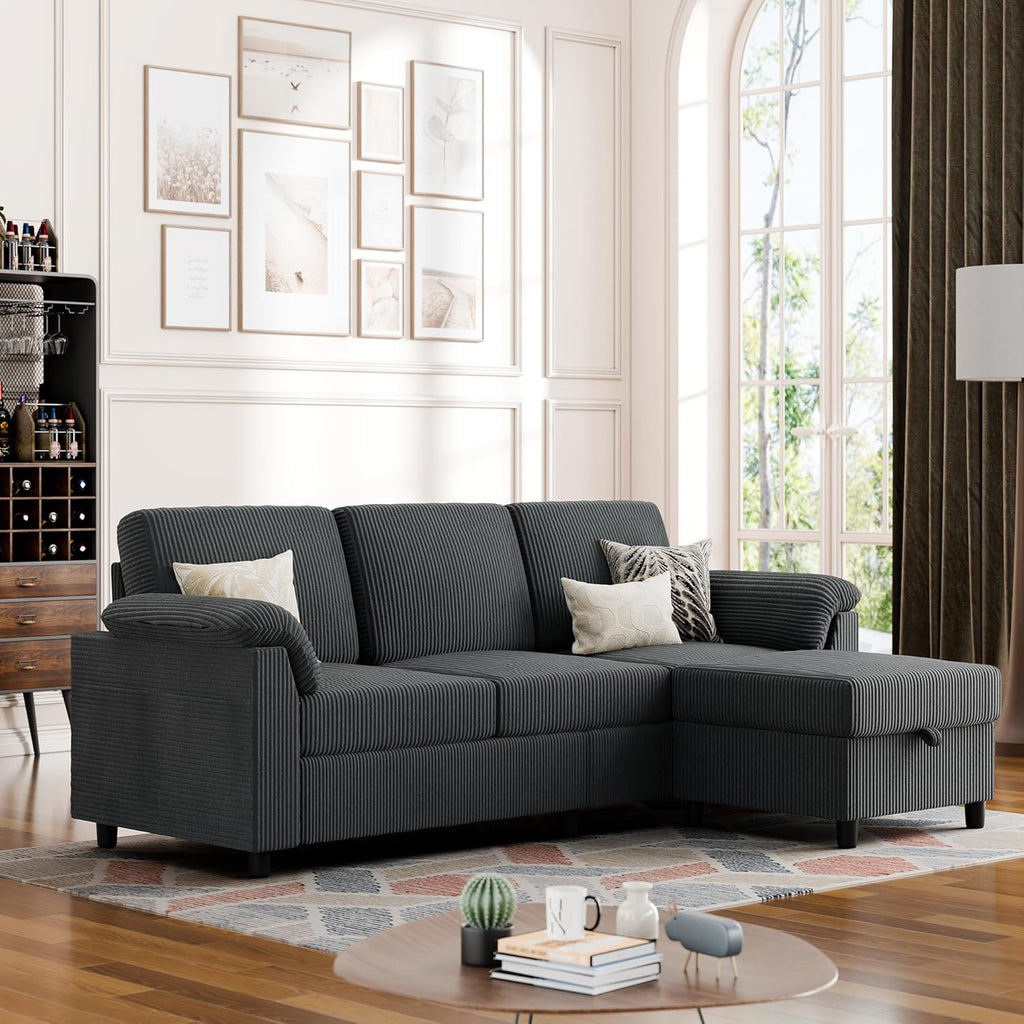 Convertible Sectional Sofa Couch, 3 Seat L Shaped Sofa with Removable Pillows Soft Corduroy Fabric Small Couch Mid