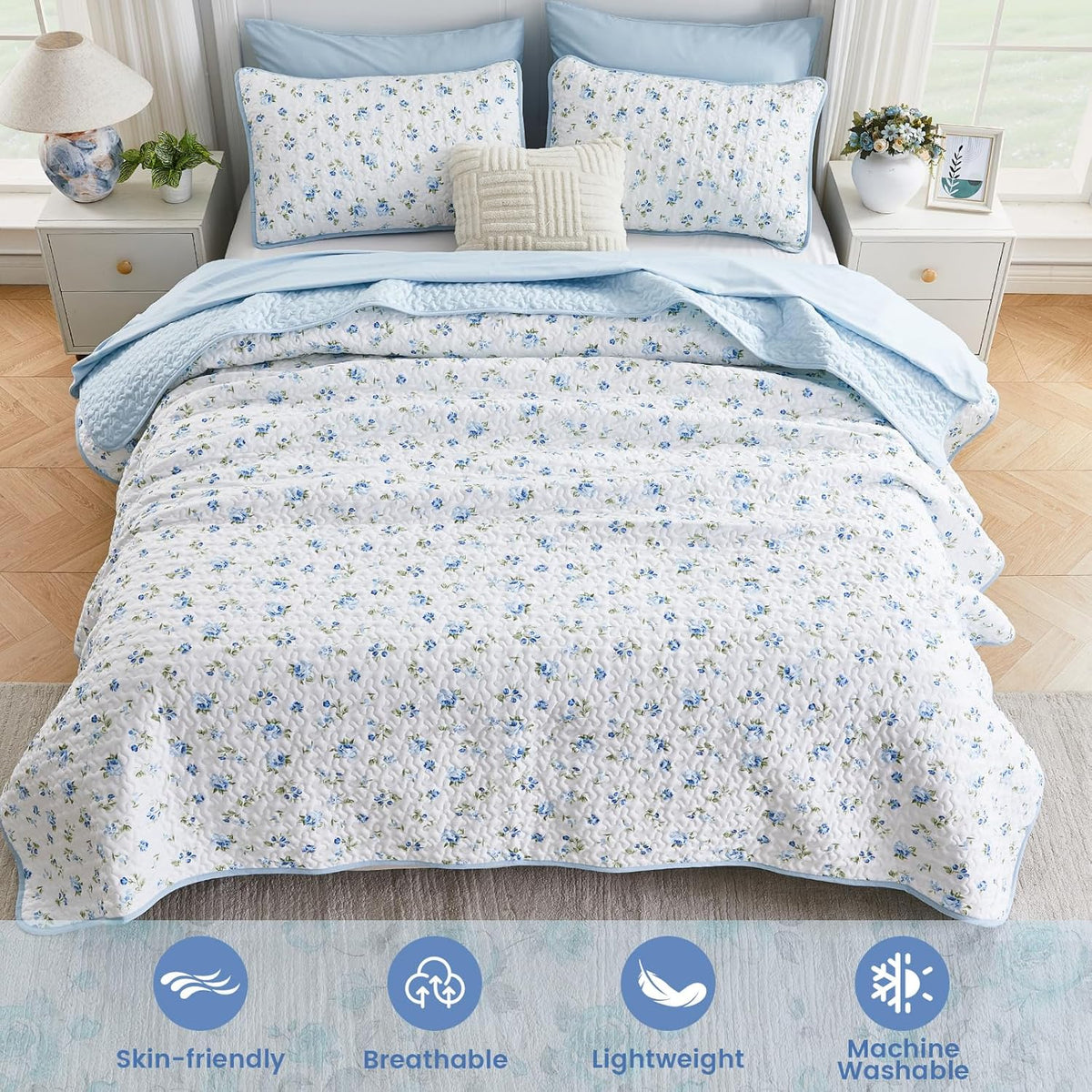Oversized King Quilt Set 128x120 Blue Floral Extra Wide Super King Quilted Bedspread Coverlet 3-Piece Garden Style