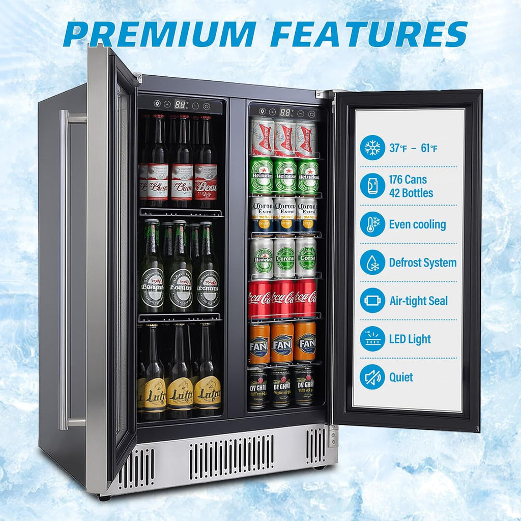 24 Inch Wine and Beverage Refrigerator, Dual Zone Wine Cooler with Advanced Cooling, 176 Cans and 42 Bottles Capacity