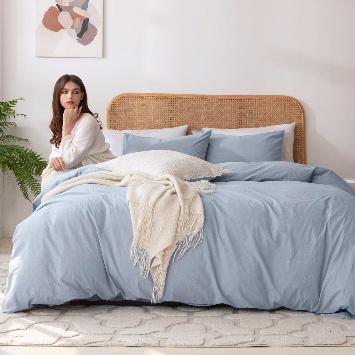 3 Piece Duvet Cover Set, 100% Organic Washed Cotton with Linen Feel Like Textured, Luxury Soft and