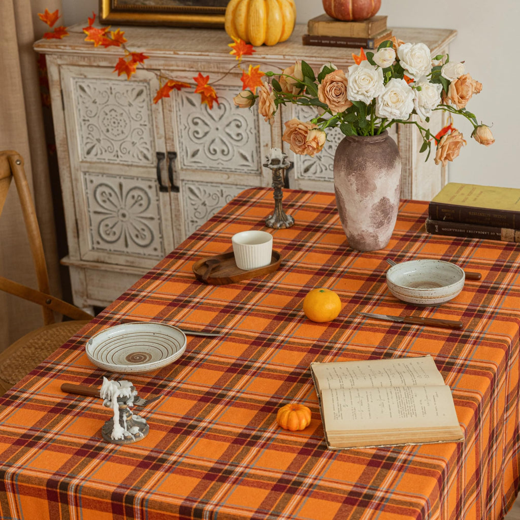 Plaid Fall Tablecloth Thanksgiving Rectangle 60x104 Inch Orange Red