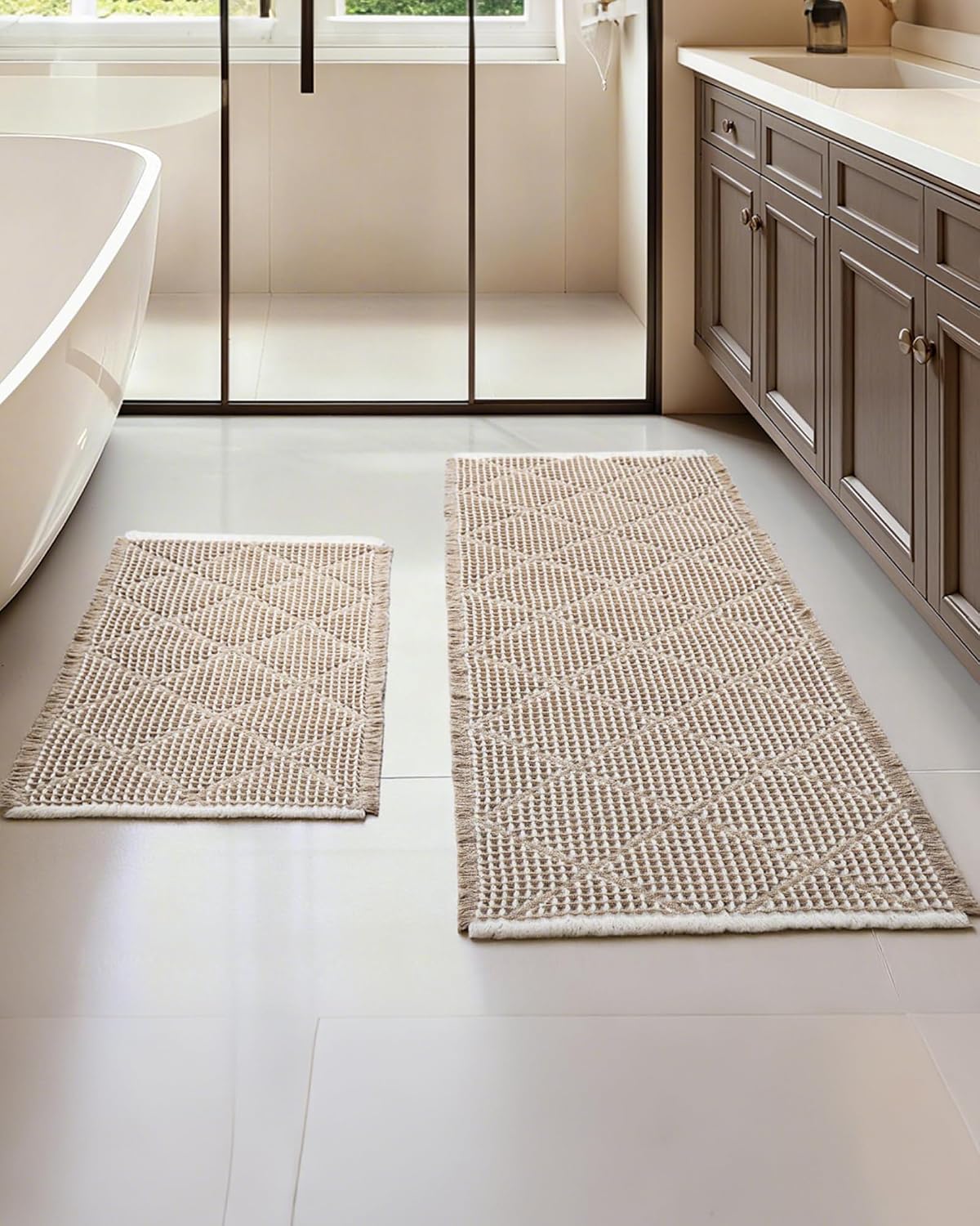 Waffle Bath Mat Set, Non Slip Bathroom Rugs 2 Piece, Brown & White | Ultra Absorbent Long Bath Rug Runner Boho Chic