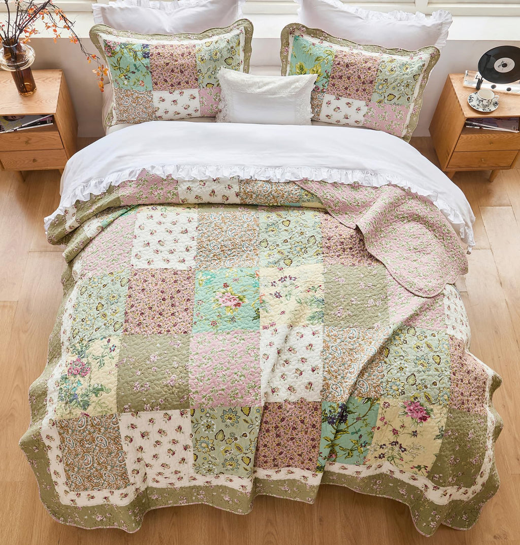 Green Patchwork Quilts Cotton Vintage Coverlet 3PC