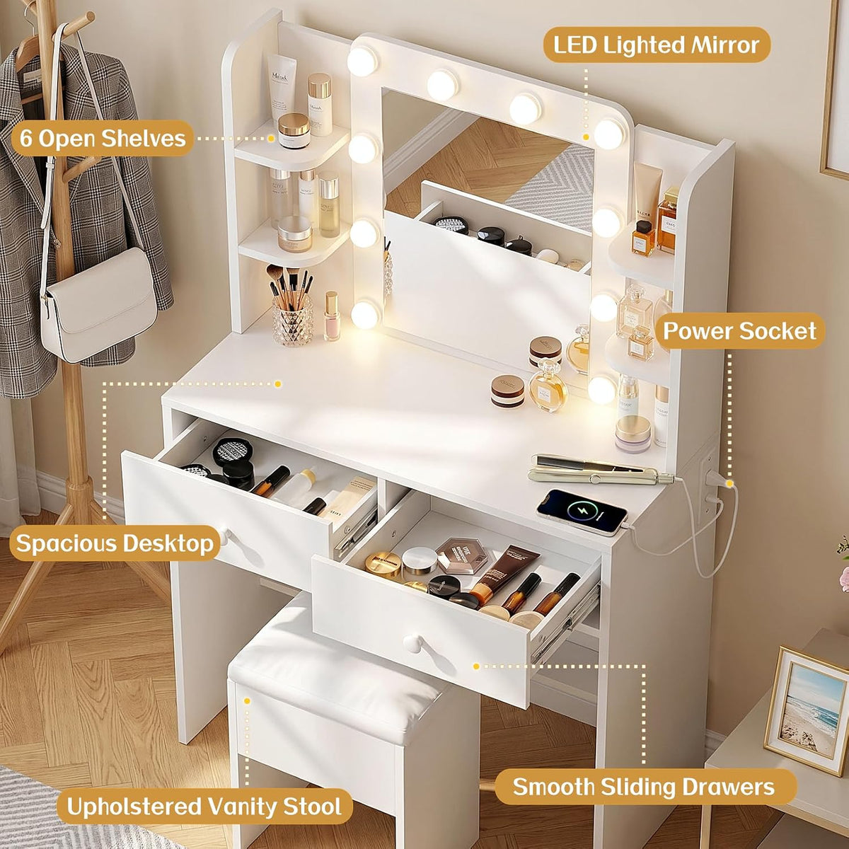 Makeup Vanity Desk with LED Mirror and Chair Set, White | 3 Lighting Modes, Built-in Charging Station, Storage