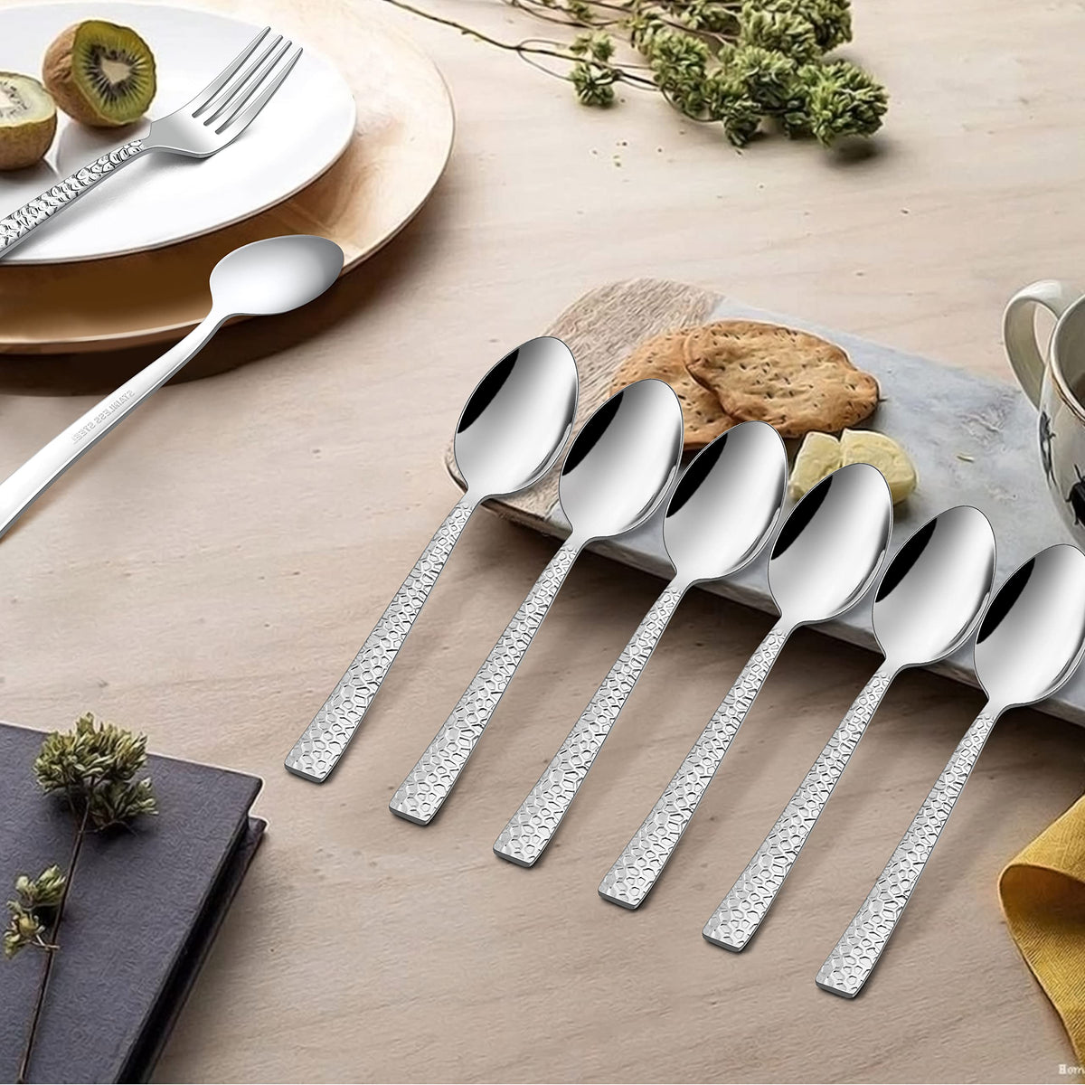 24 Pieces Hammered Forks and Spoons Silverware set (7.9 Inches), Stainless Steel Flatware Cutlery