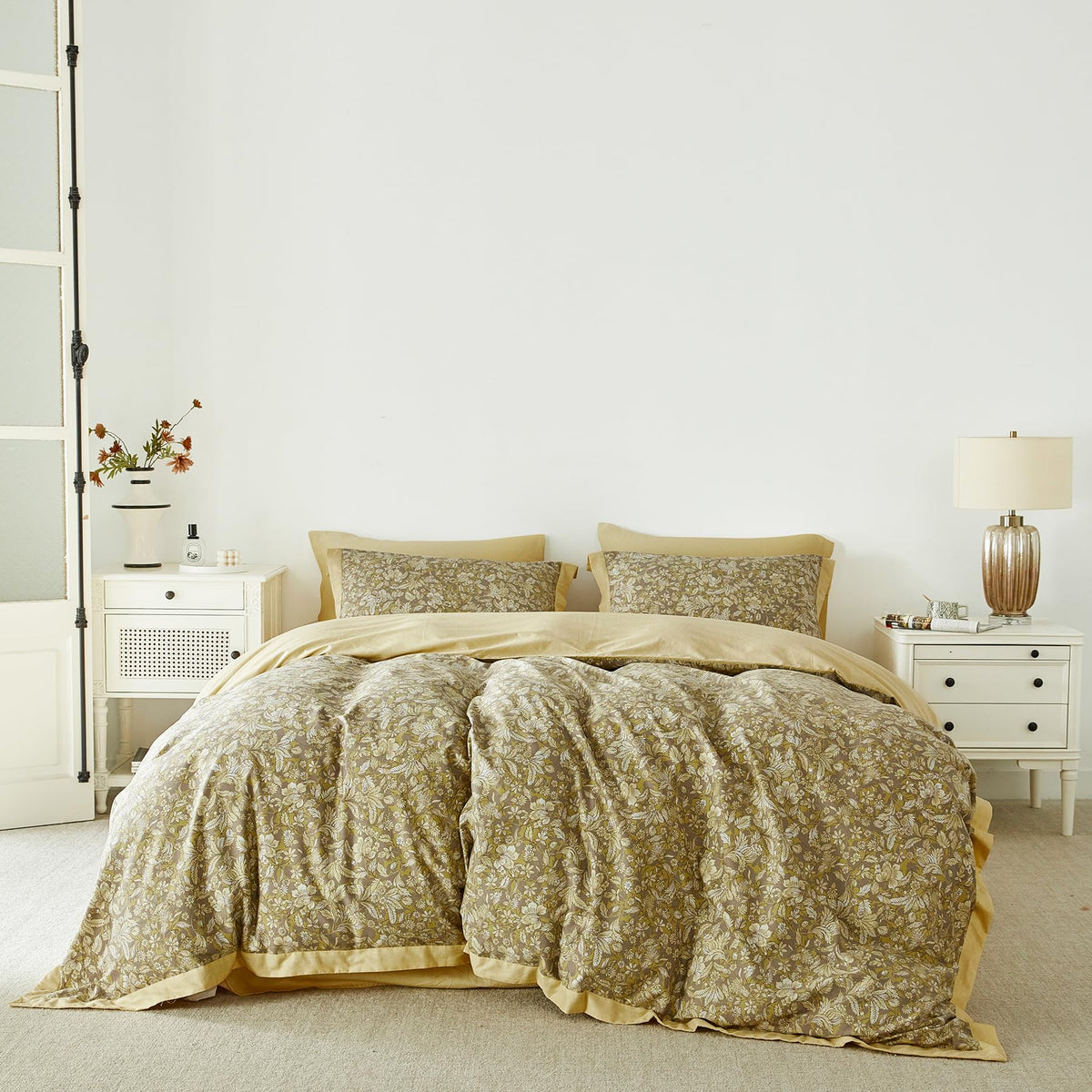 Vintage Taupe Botanical Duvet Cover 100% Cotton 3 Pcs Set