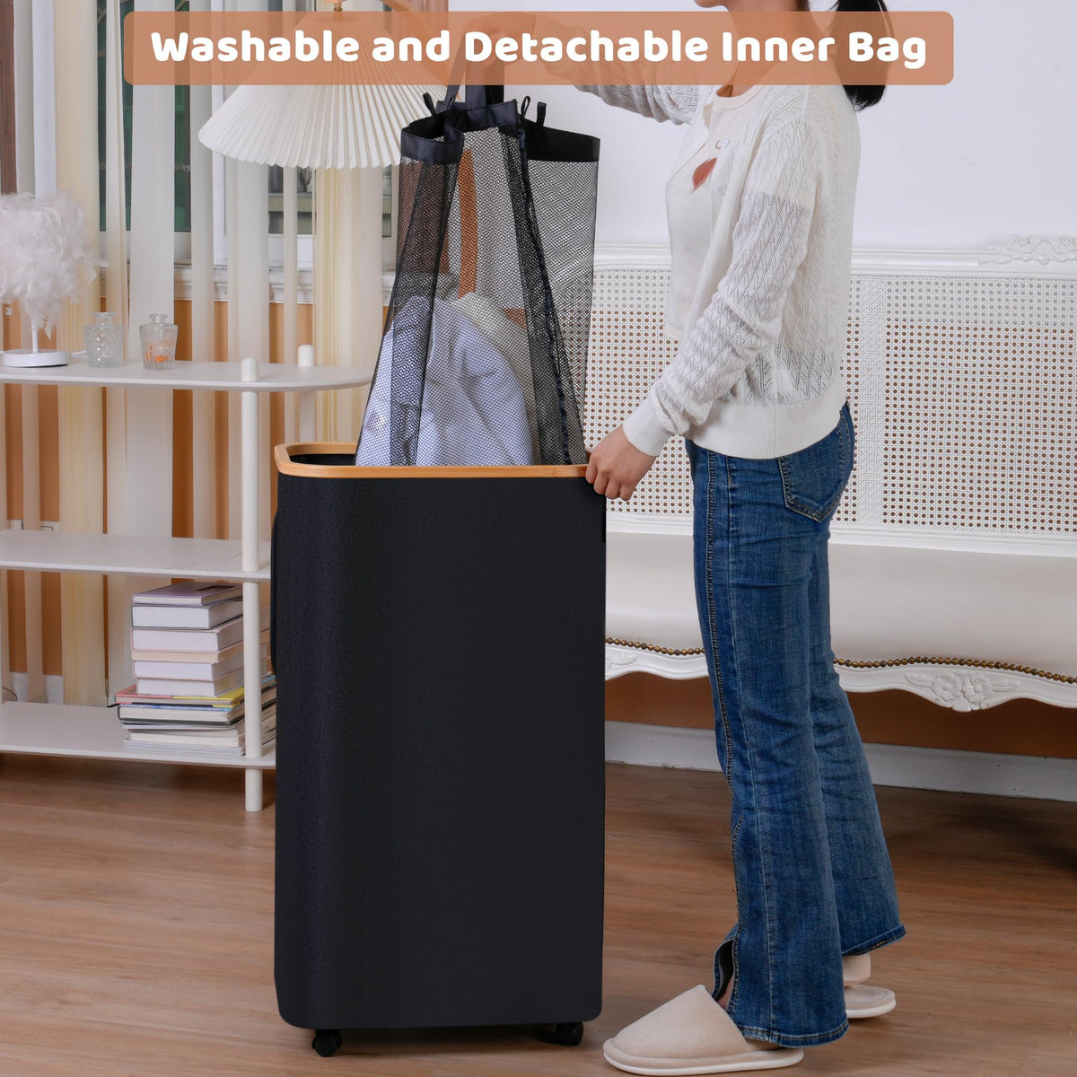 Laundry Hamper with Wheels 110L Laundry Basket with Mesh Bag,Black