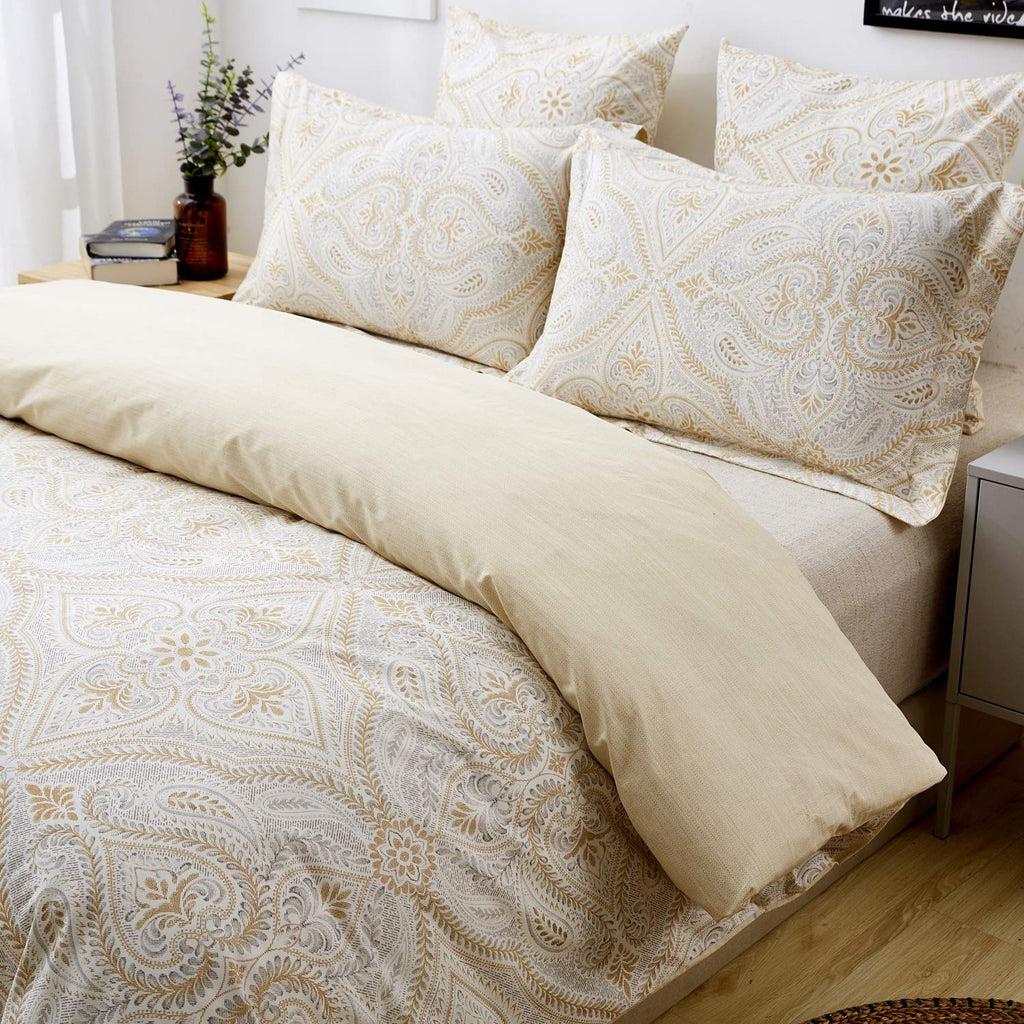Duvet Cover Set Full Size Paisley Bedding 100% Cotton Ultra Soft Gold Classy Luxurious Bedding with Hidden Zipper