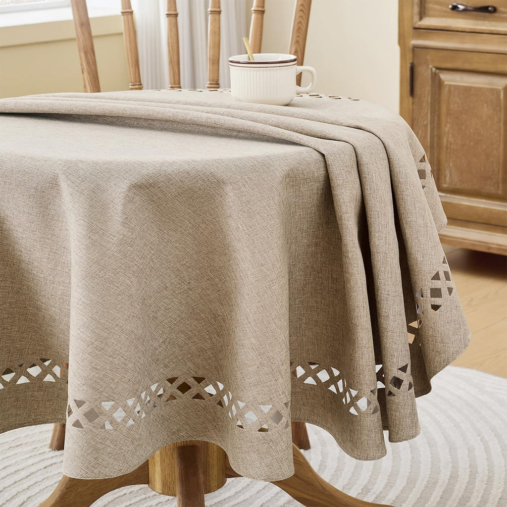 Coffee Round Linen Tablecloth with Lattice Cutwork, 55 inch Round