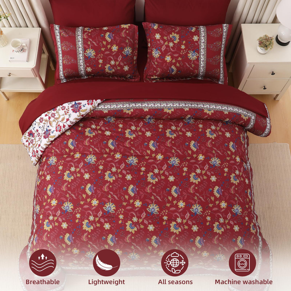 Comforter Set Queen Size Boho, Reversible Burgundy Bedding Paisley Floral