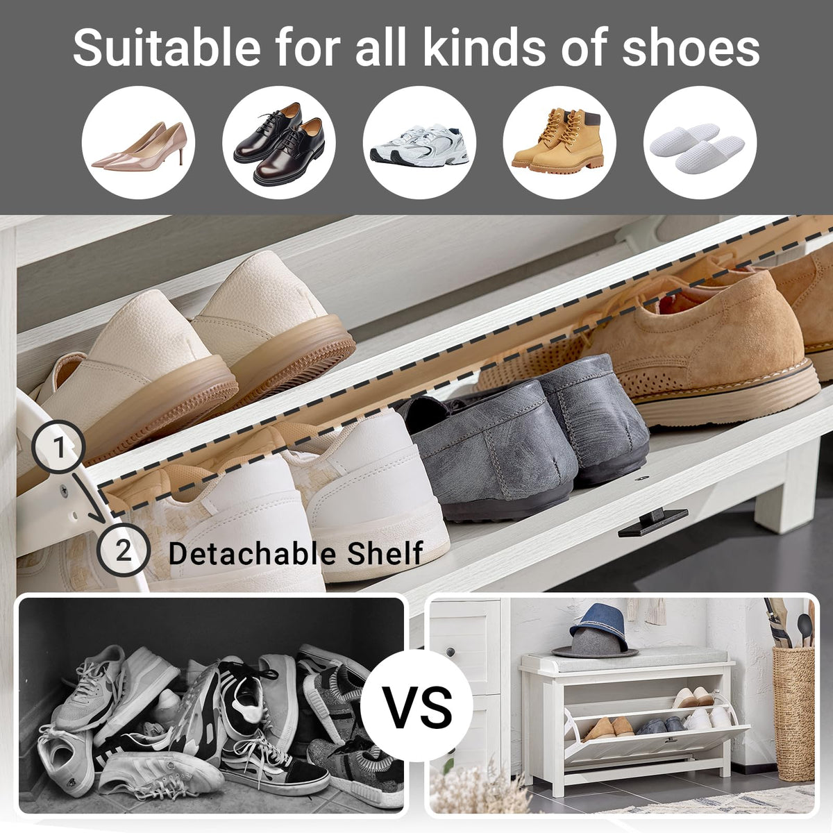 Farmhouse Shoe Storage Bench with Cushion