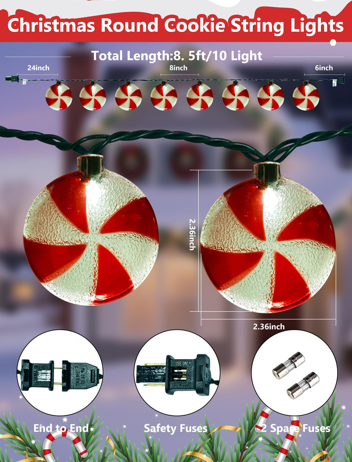 8.5Ft Christmas Candy String Lights, Old Fashioned Christmas Decorations Lights with 10 Red White Peppermint Candy
