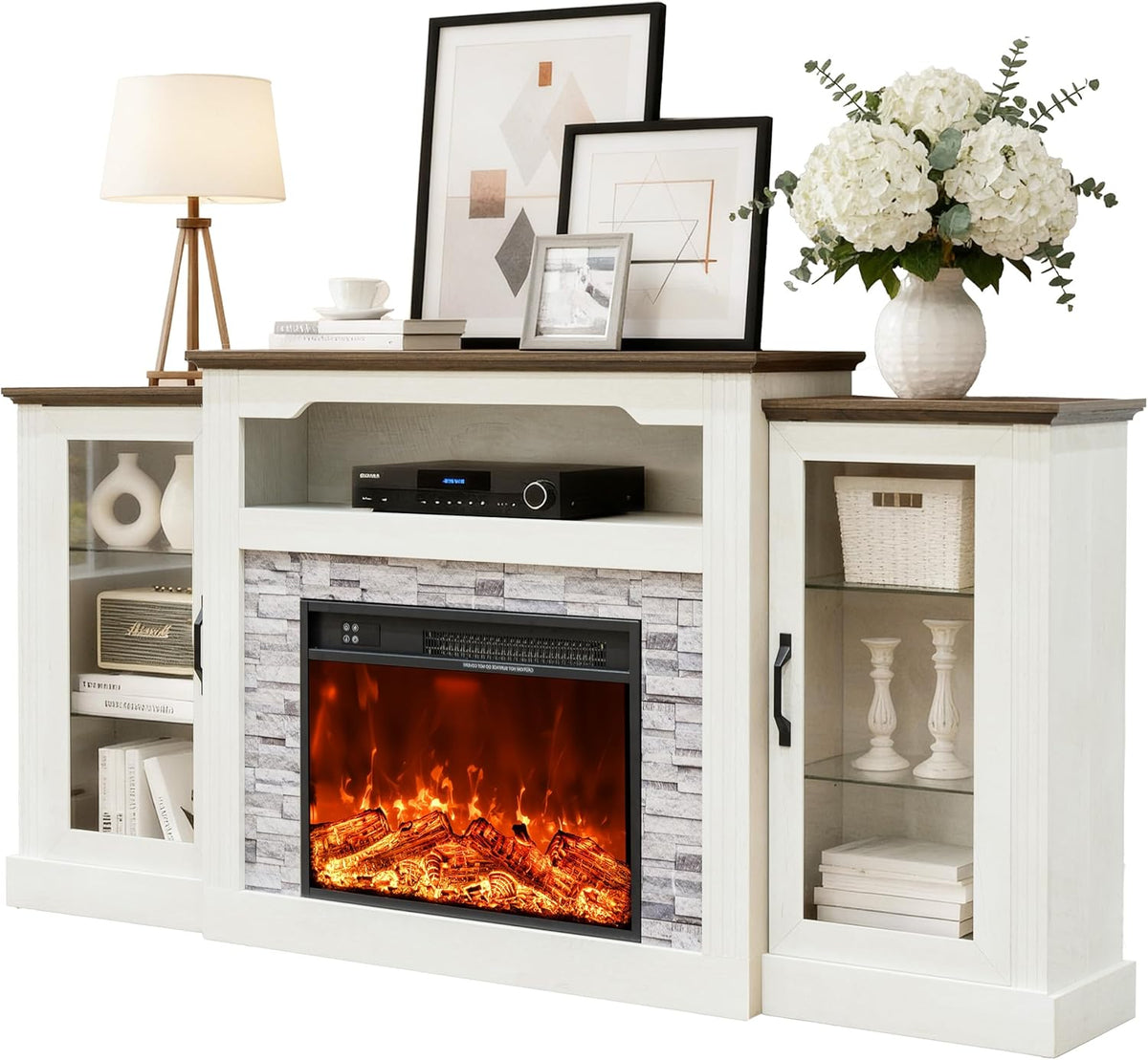70 Inch Farmhouse Electric Fireplace TV Stand with Mantel, Console Height Wooden Entertainment Center with Storage, 4800 BTU Adjustable Heating for Living Room or Bedroom