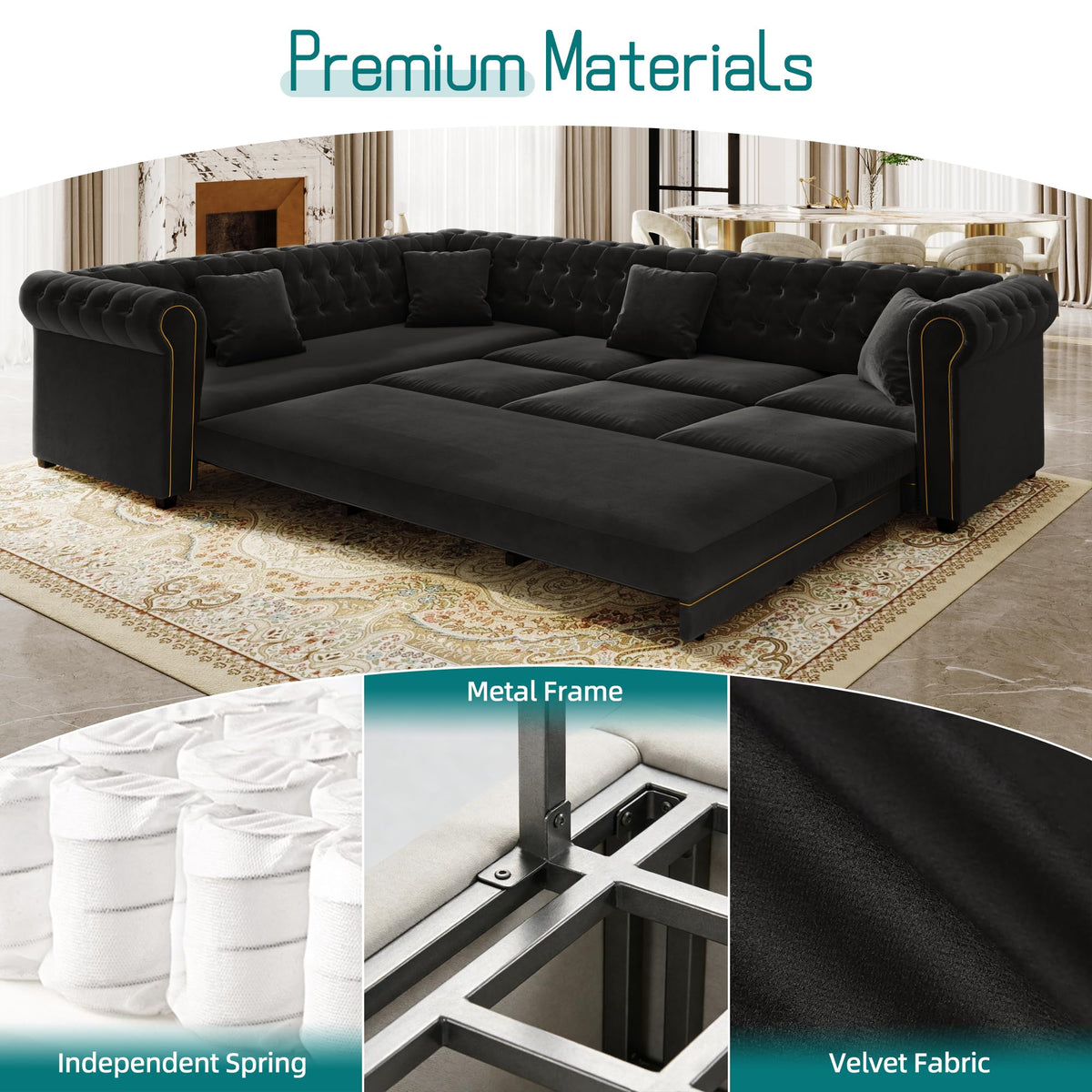 Sectional Sleeper Sofa, 115.3" L-Shaped Couch with Pull Out Couch, Black