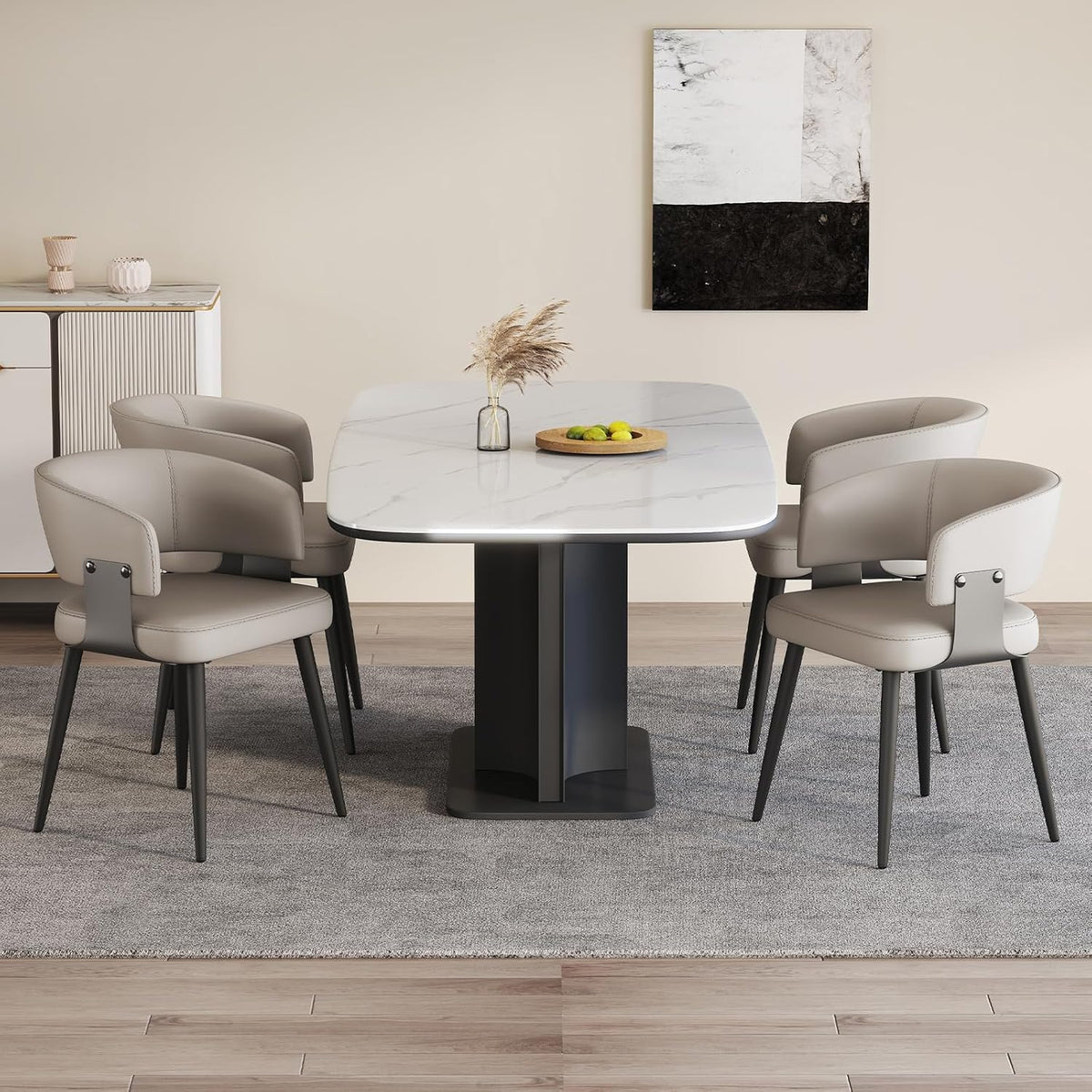 Modern Dining Chairs Set of 4, Upholstered Faux Leather Kitchen Chairs with Ergonomic Curved Open Back and Metal Legs, Warm Gray