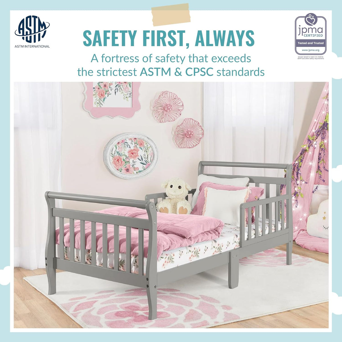 Classic Sleigh Toddler Bed in Cool Grey - Baby Safety Alliance Certified, Low-to-Floor Design, Non-Toxic Finish