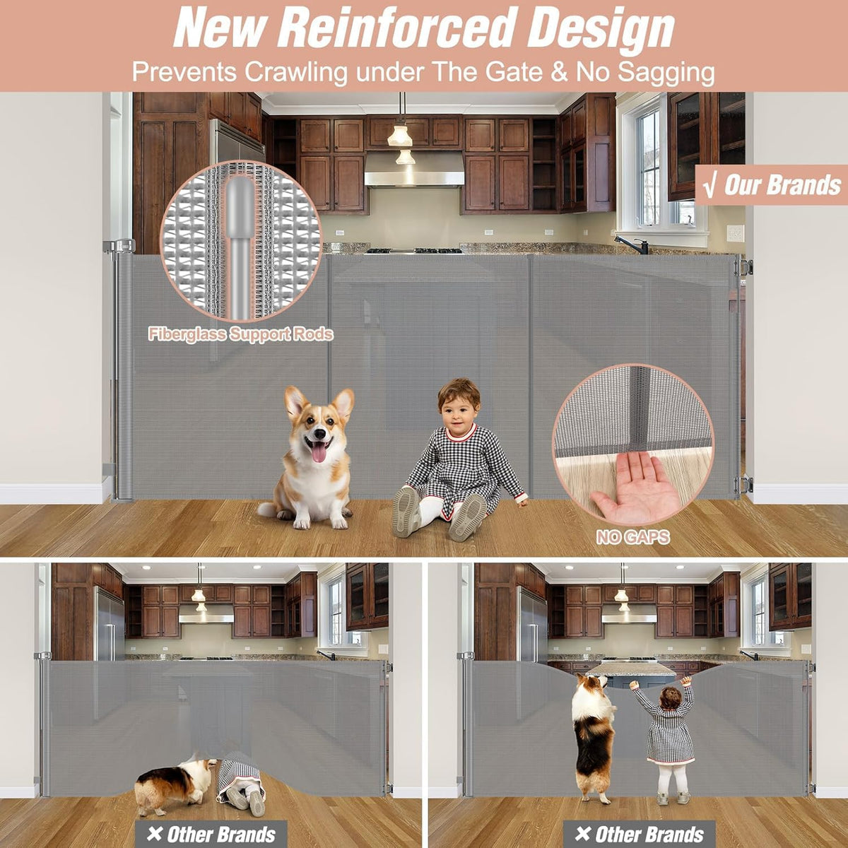 Reinforced 42" Tall Pet Gate 75" Wide Retractable Baby Gates Indoor/Outdoor