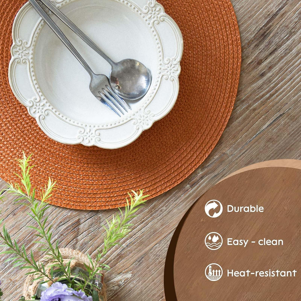 Round Braided Placemats Set of 6 Table Mats for Dining Tables Woven Washable Non-Slip Place mats 15 Inch for Fall