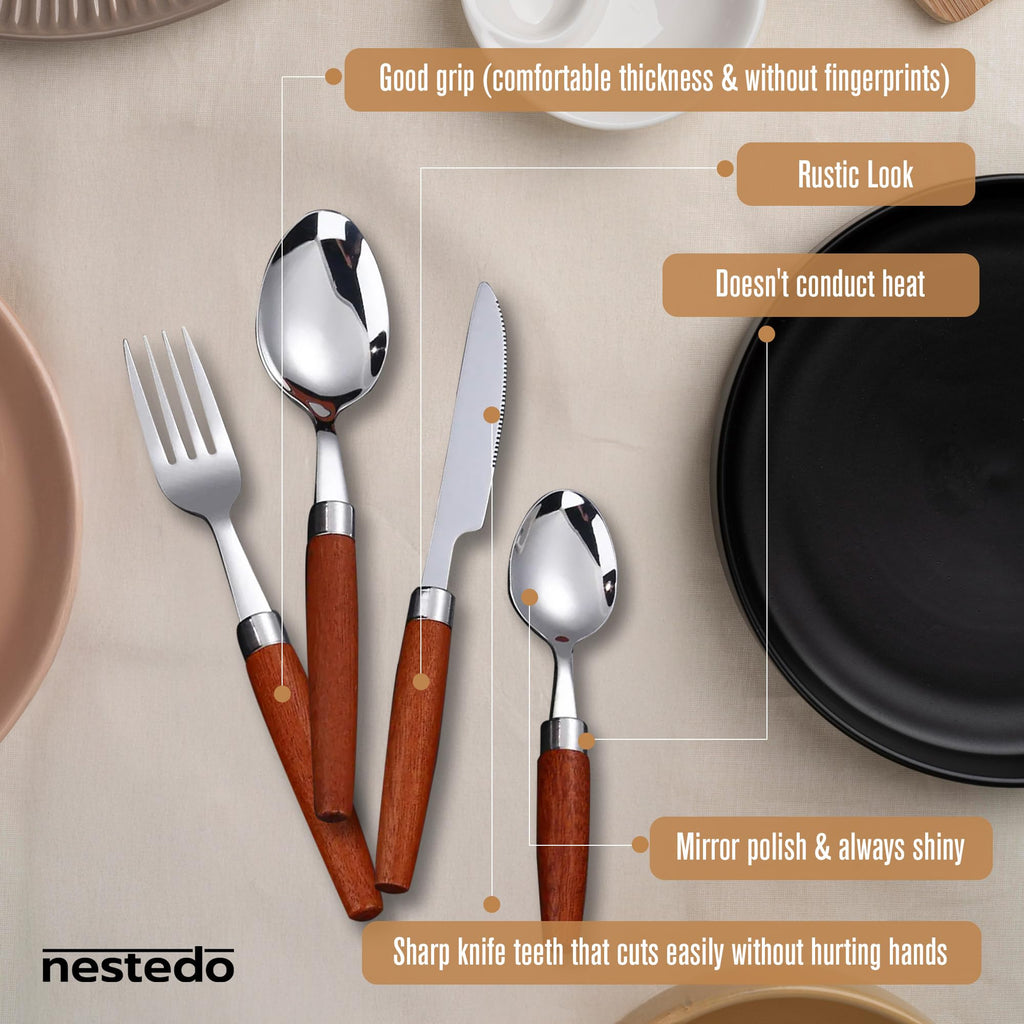 Wood Handle Silverware Set for 4, 16-Piece Stainless Steel Flatware