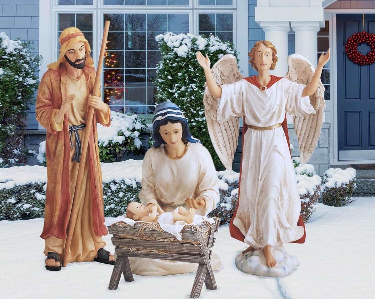 Kings Gifts Holy Family Nativity Scene Outdoor Metal 4-Piece Set, Large 45-Inch Tall Lifelike High-Res Yard Art