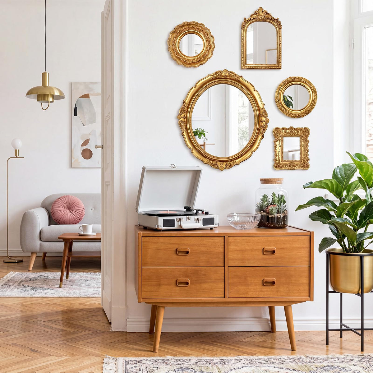 5 Pcs Vintage Gold Wall Mirror Set, 15in/7in/6in/4in, Vintage Style