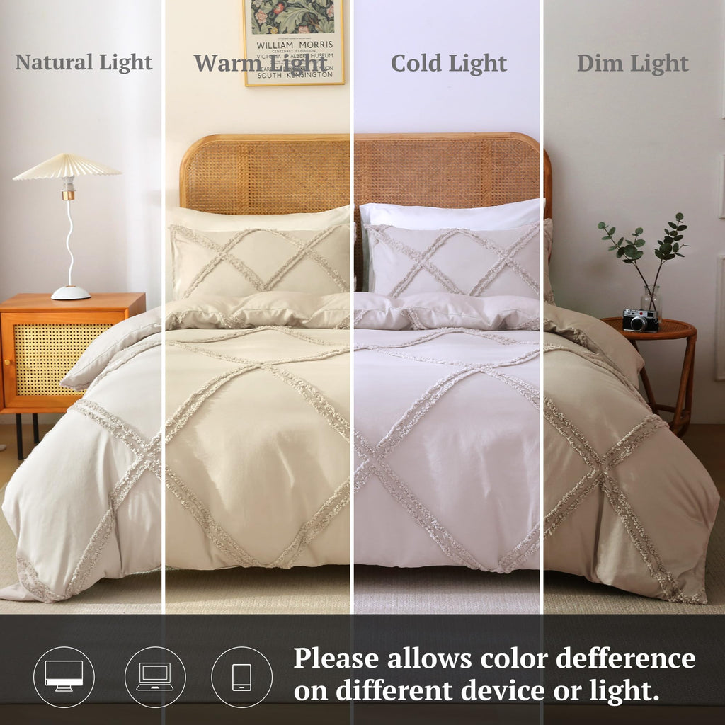 Boho Duvet Cover Beige - Tufted Comforter Cover Set Geometric Textured Jacquard Queen Size Bedding Set with Corner