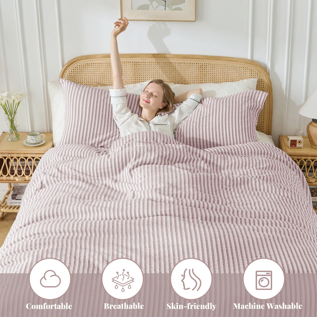 Jacquard Striped Duvet Cover Set 3pcs Dual Zipper Mauve Cal King