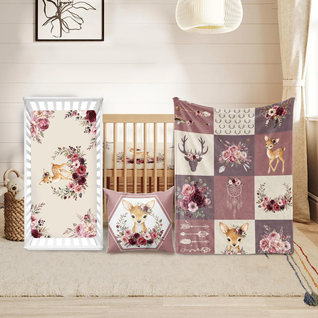 Baby Crib Bedding Set 3 Pcs - Patchwork Deer Crib Bedding Set for Girls - Floral Plaid Nursery Bed Sets Include Soft