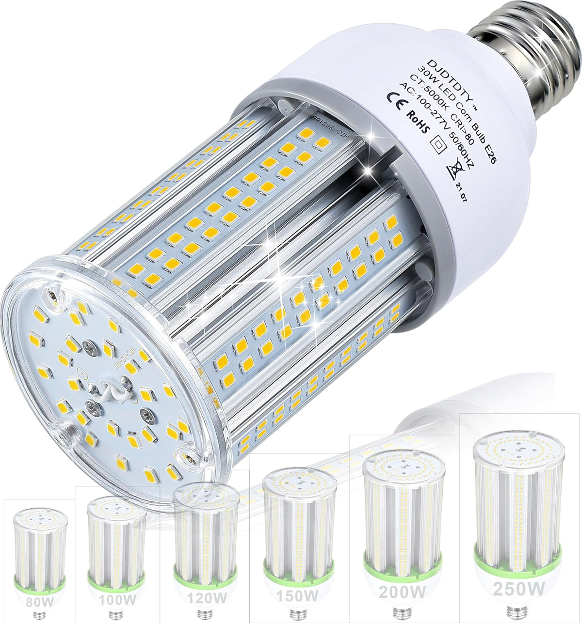 300W Equivalent LED Corn Light Bulb 5000 Lumen 5000K 30W Large Area Cool Daylight White E26/E27 Medium Base