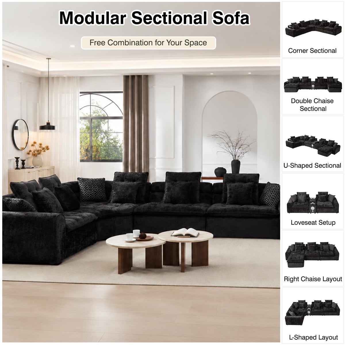 125'' Oversized Deep Seat Cloud Boneless Sectional Couch with Corner. Black