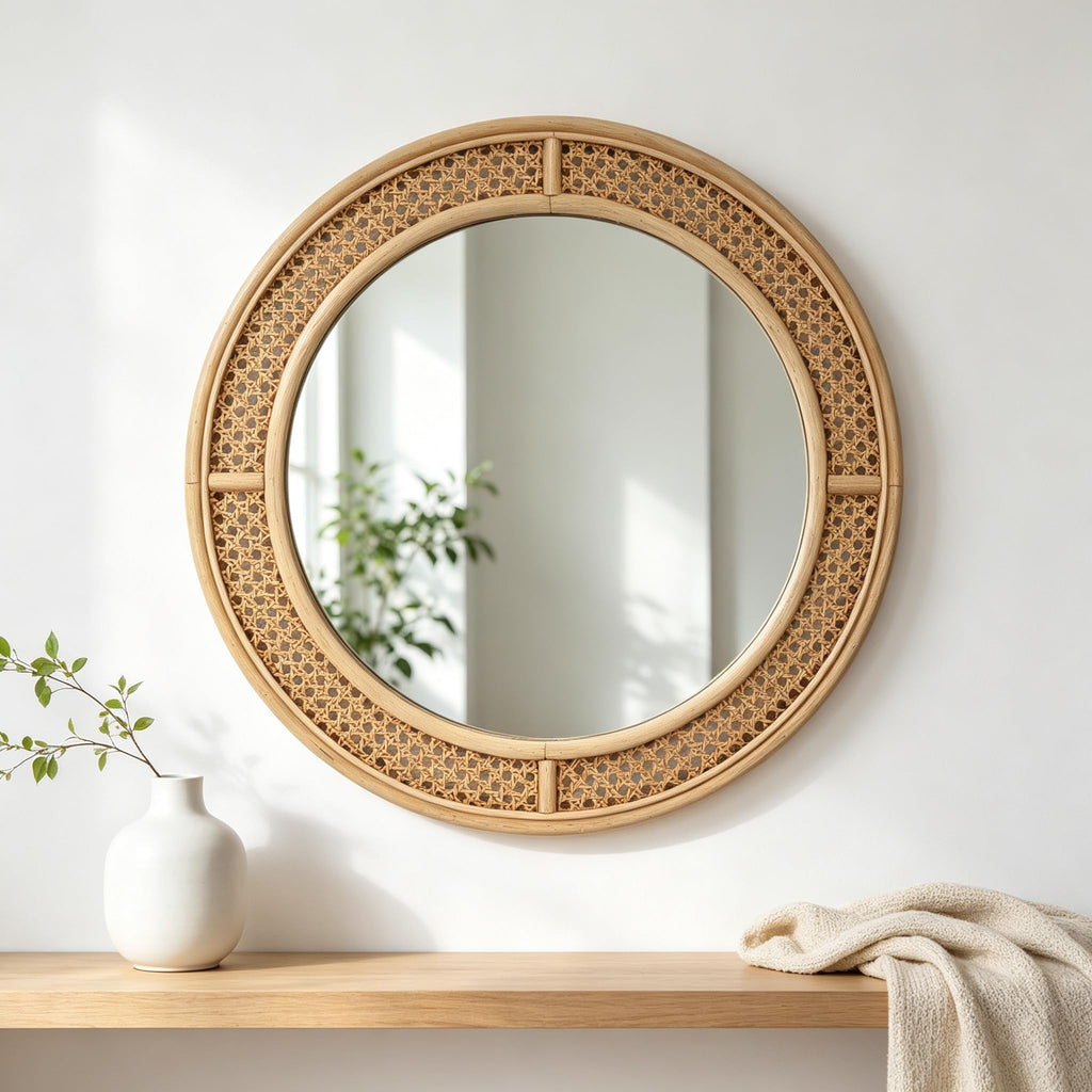 Round Rattan Wall Mirror with Wooden Framed, Modern Boho Decorative Mirror, Entry, Living Room, Bedroom, 24 Inch