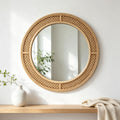 Round Rattan Wall Mirror with Wooden Framed, Modern Boho Decorative Mirror, Entry, Living Room, Bedroom, 24 Inch