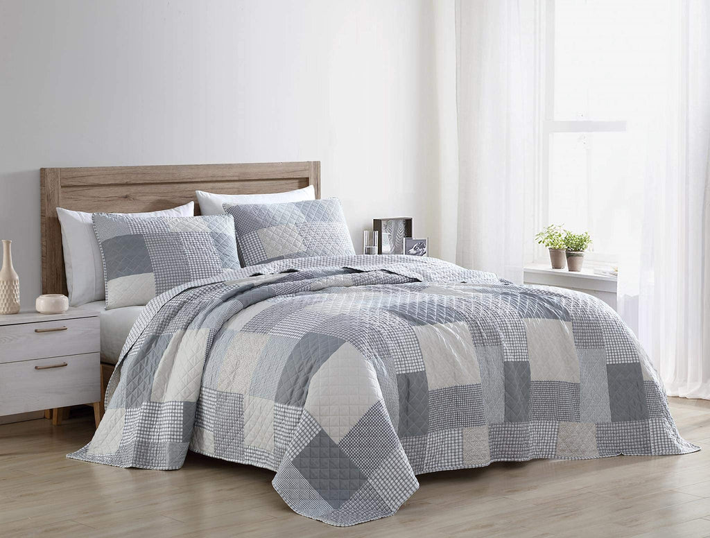 Anderson 3-Piece Printed Patchwork Quilt Set, Lightweight Polyester Cover with 100% Cotton Filling, Modern Gray Plaid