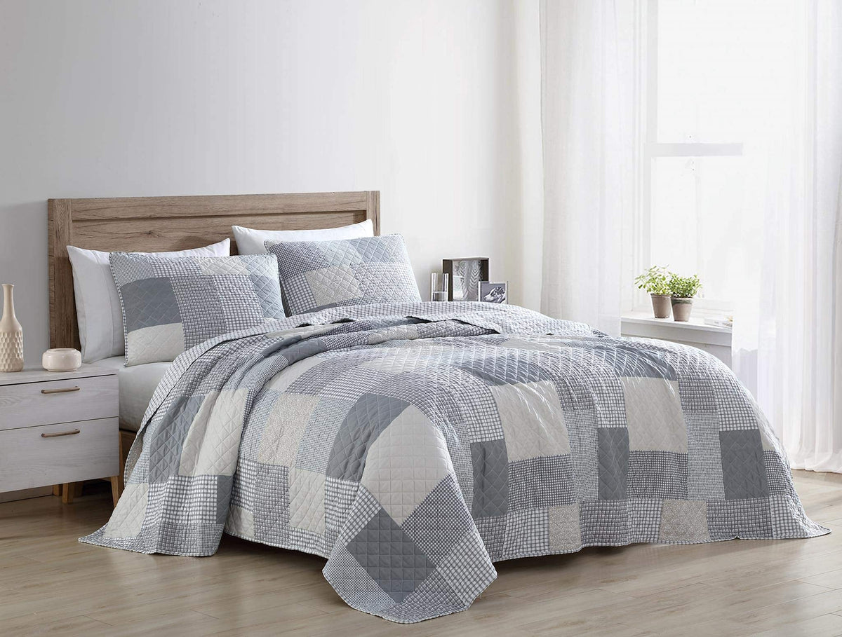 Anderson 3-Piece Printed Patchwork Quilt Set, Lightweight Polyester Cover with 100% Cotton Filling, Modern Gray Plaid