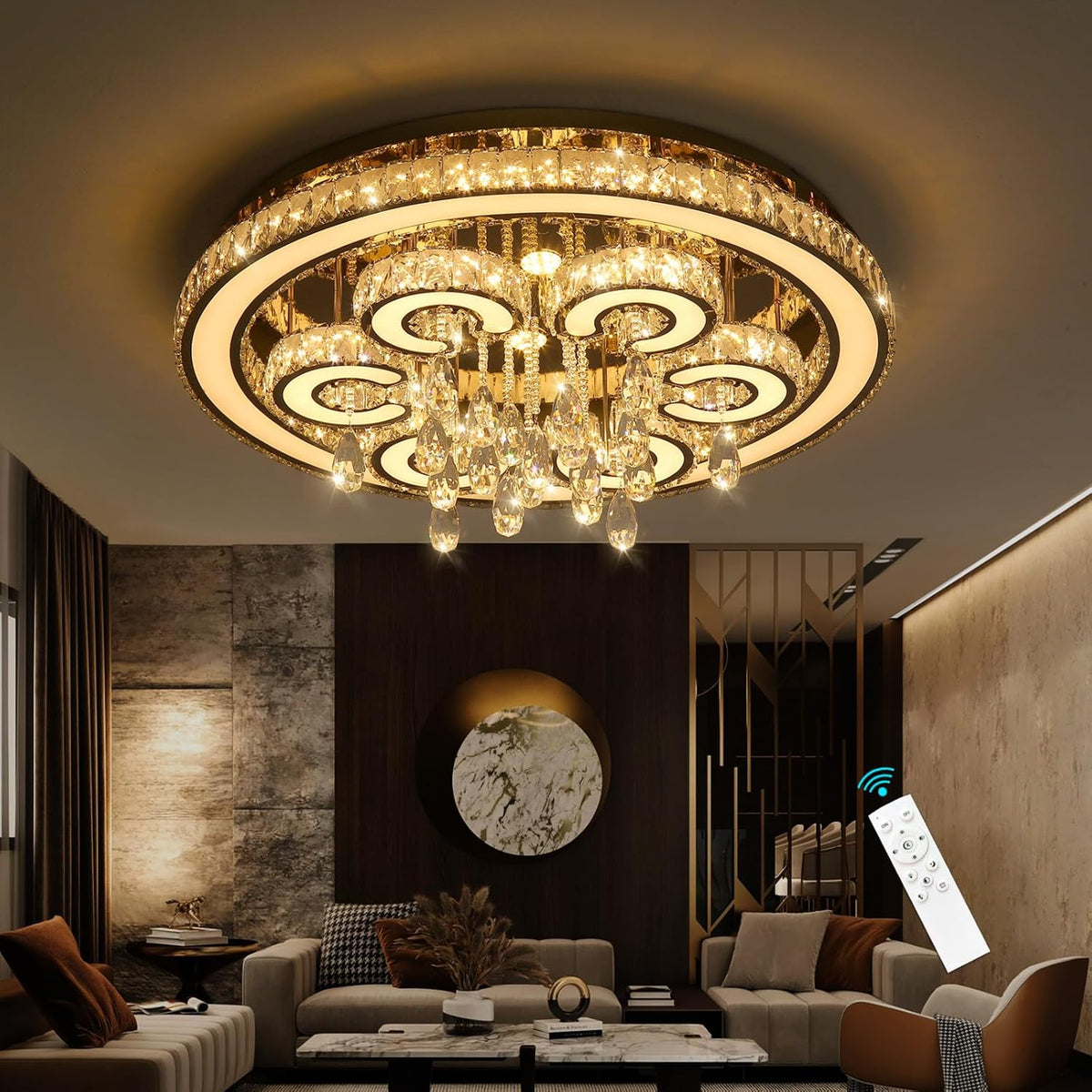 Modern Flush Mount Dining Room Crystal Chandelier, Low Profile