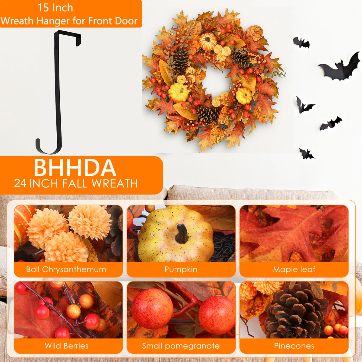 24 Inch Fall Wreath for Front Door, Pumpkin Berry Maple Leaf Autumn Decor