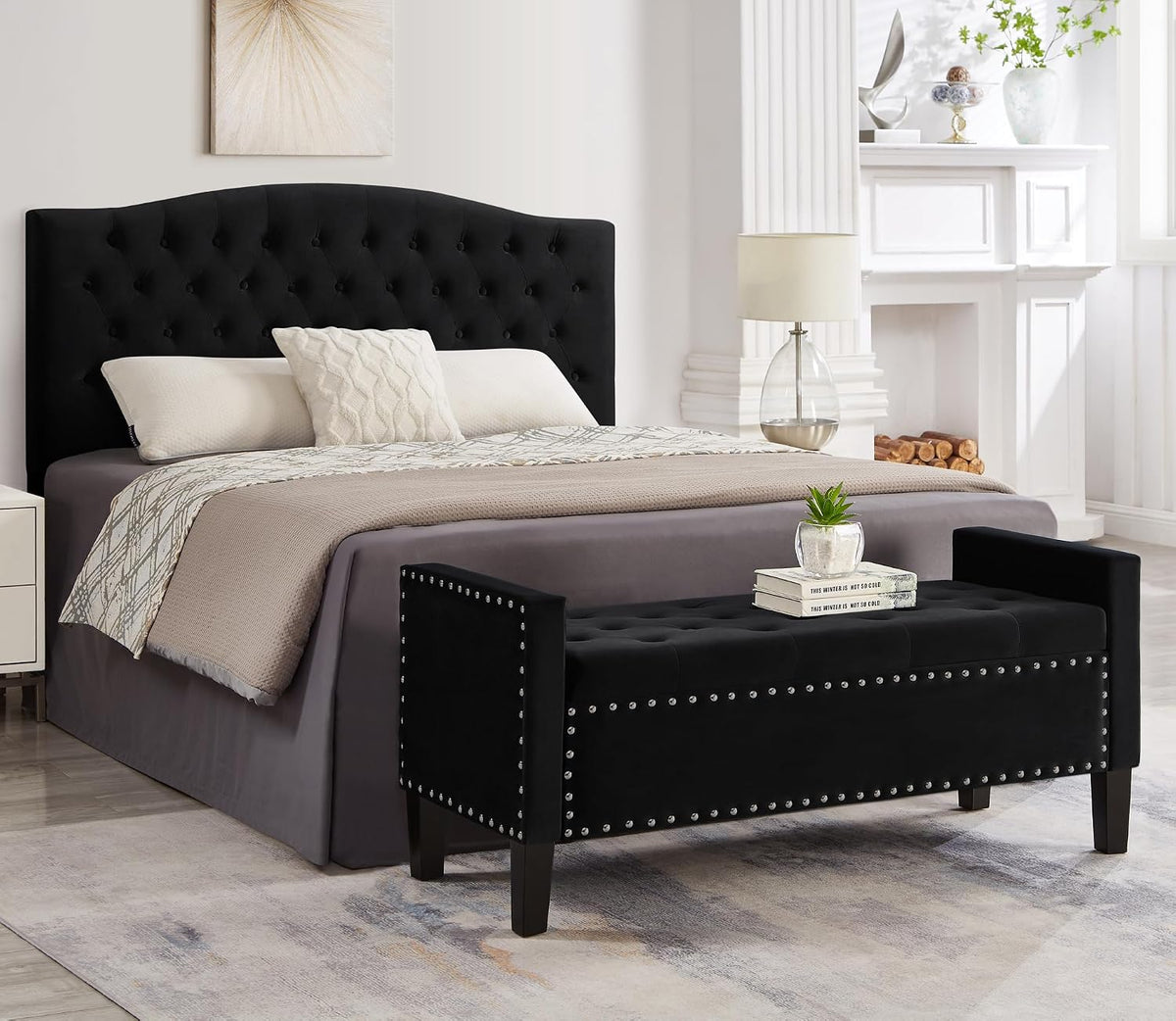 Velvet Storage Ottoman with Armrests and Nails Trim,Entryway Living Room Soft Padded Seat,Bed Bench Bedroom End of
