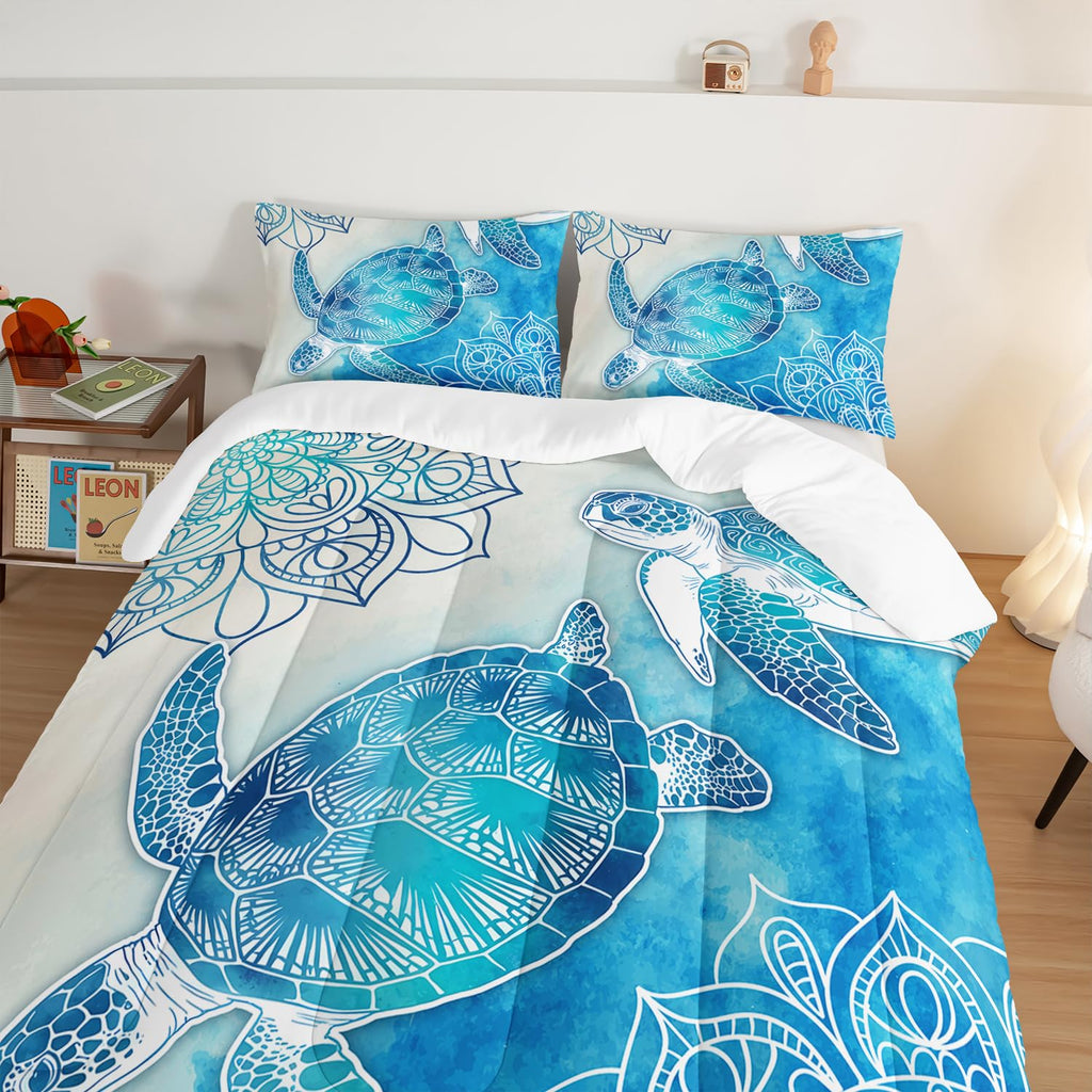 Sea Turtle Comforter Set, Coastal Bedding with 2 Pillowcases.
