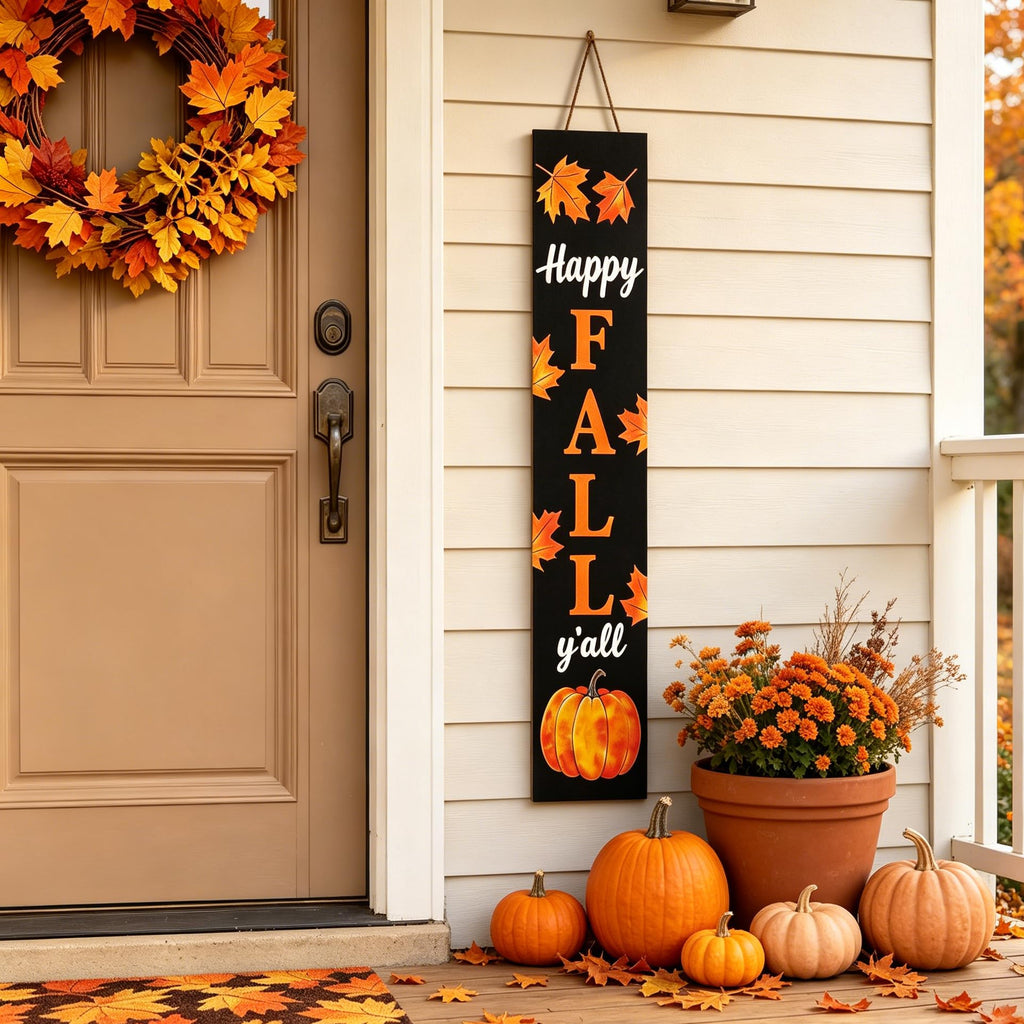 Happy Fall Y'all 47" Tall Vertical Wooden Porch Sign Black Rustic Farmhouse Fall Decor with Maple Leaf Pumpkin