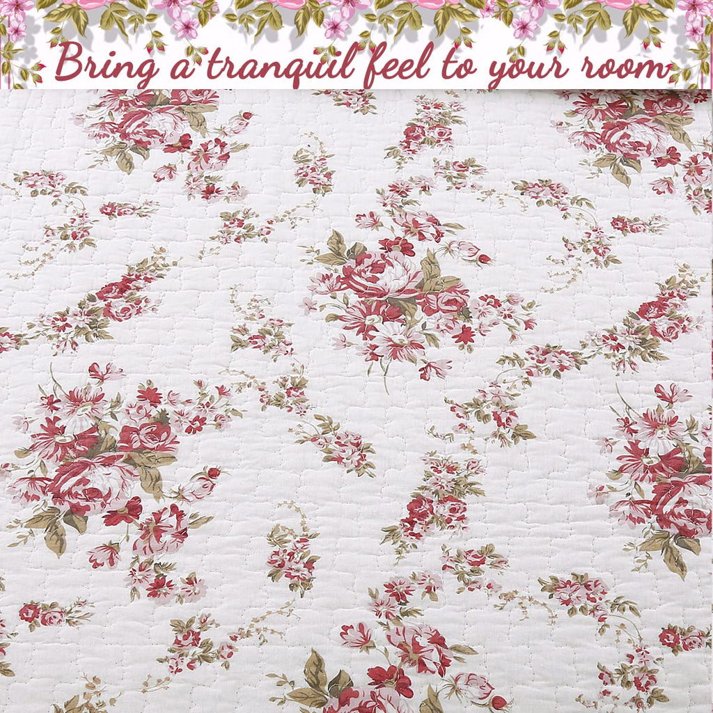 Line Home Fashions 100% Cotton Quilt Bedding Set, Pink Floral Reversible Coverlet Bedspread (Vintage Rose - 3