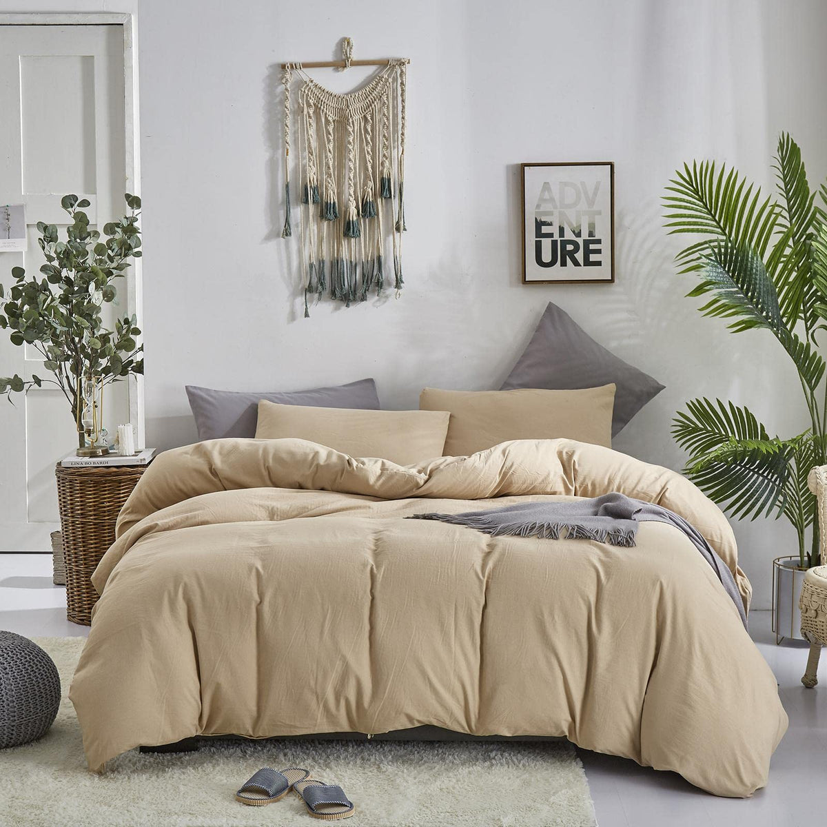 Champagne Comforter Set Bedding Set Women Solid Khaki Bed Comforter Set Plain Beige Breathable Blanket Men Light