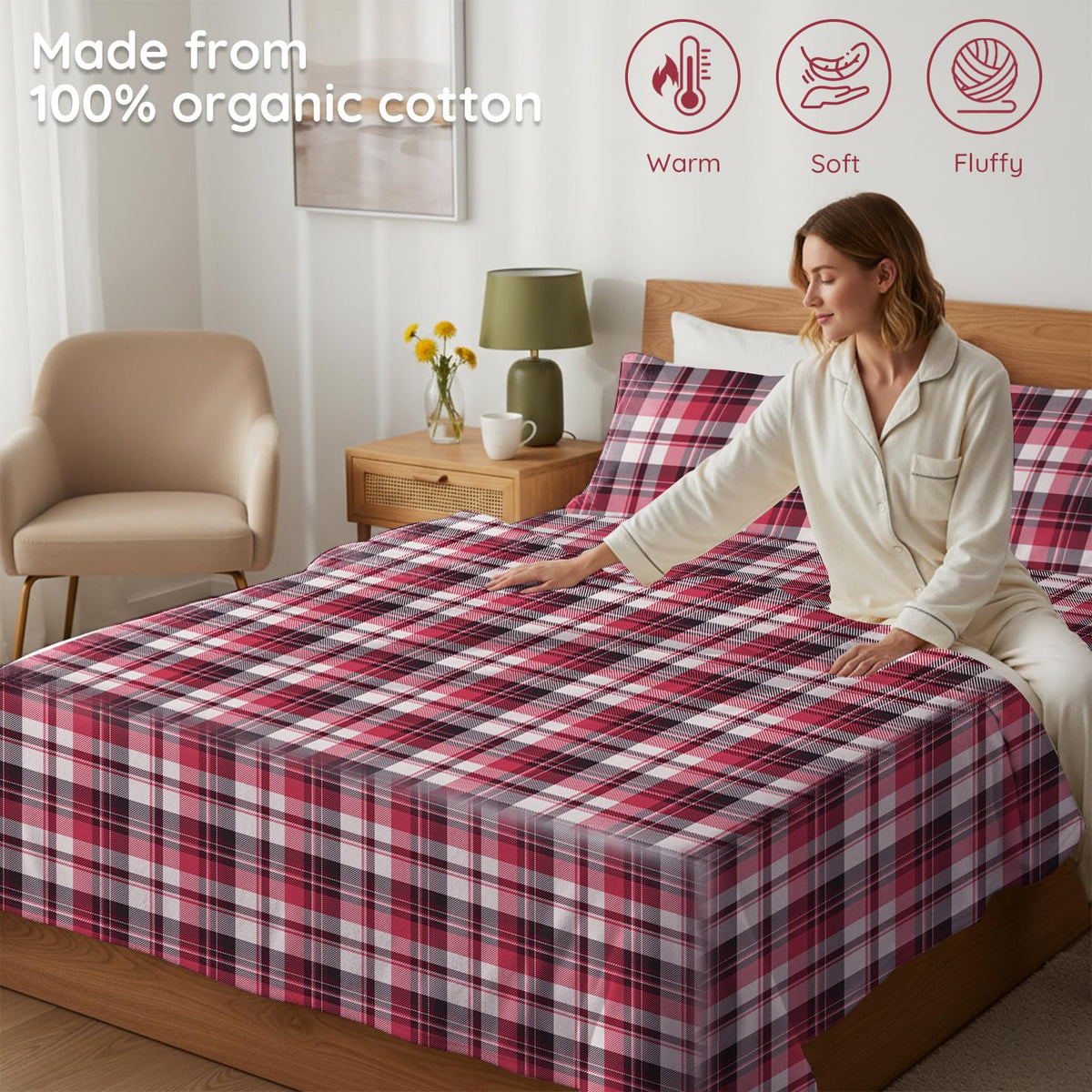 100% Cotton Flannel Sheet Set, Heavy-Duty Fluffy Flannel Design 4 Pieces, Thermal Lock Technology, 16 inch
