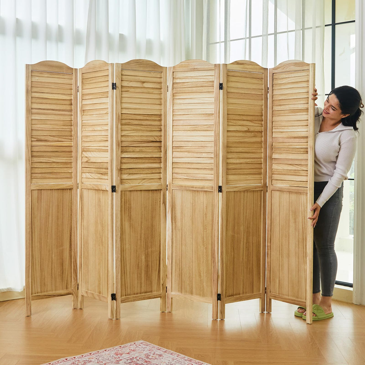 Room Dividers, 5.75Ft Individual Privacy Screens Foldable Wooden Louver & MDF Stable Wall Divider Bedroom, 6 Panels