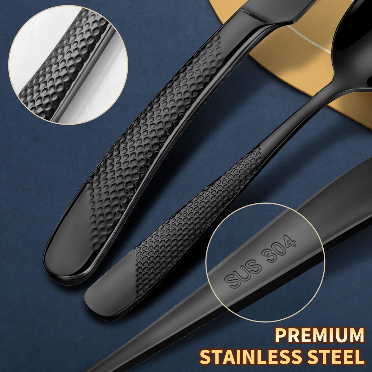 20-Piece Hammered Black Silverware Set for 4,18/10 Stainless Steel Flatware Set with Serrated Forged Knives,Heavy