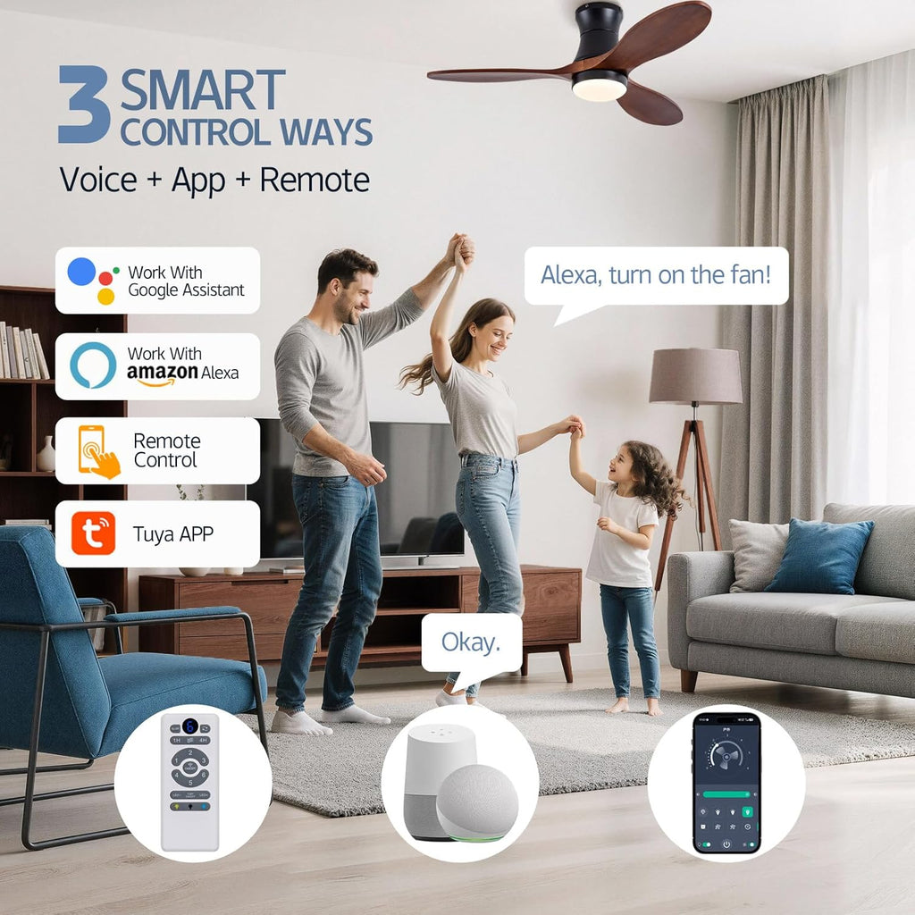 42 Inch Low Profile Smart Ceiling Hugger Fan with LED Light & Remote - Flush Mount, Solid Wood Blades, 6-Speed - Black