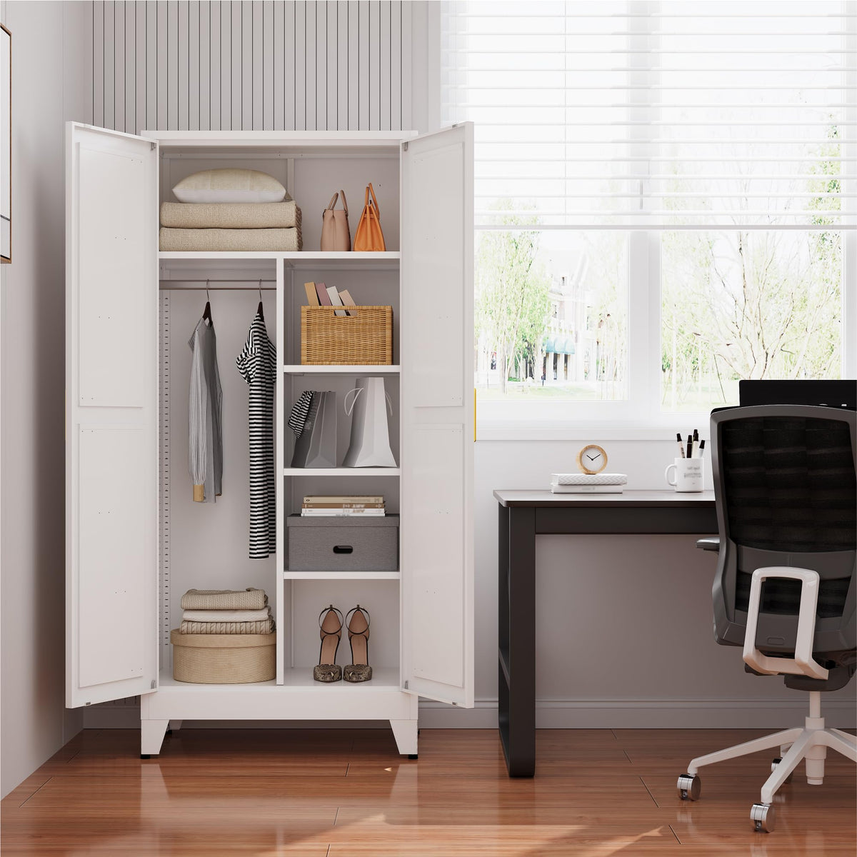 Metal Armoire Wardrobe Closet, Bedroom Armoires with Hanging Rod