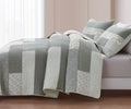 Caleb 3-Piece Muted Gray White Ivory Floral Plaid Rectangular Patchwork Quilt Set - Pre-Washed Cotton Quilted