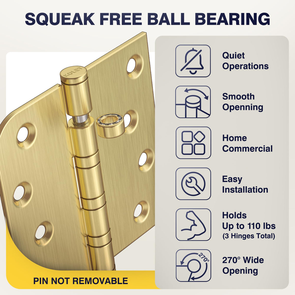 4 Inch Gold Ball Bearing Door Hinges Square and 5/8'' Radius 12 Pack
