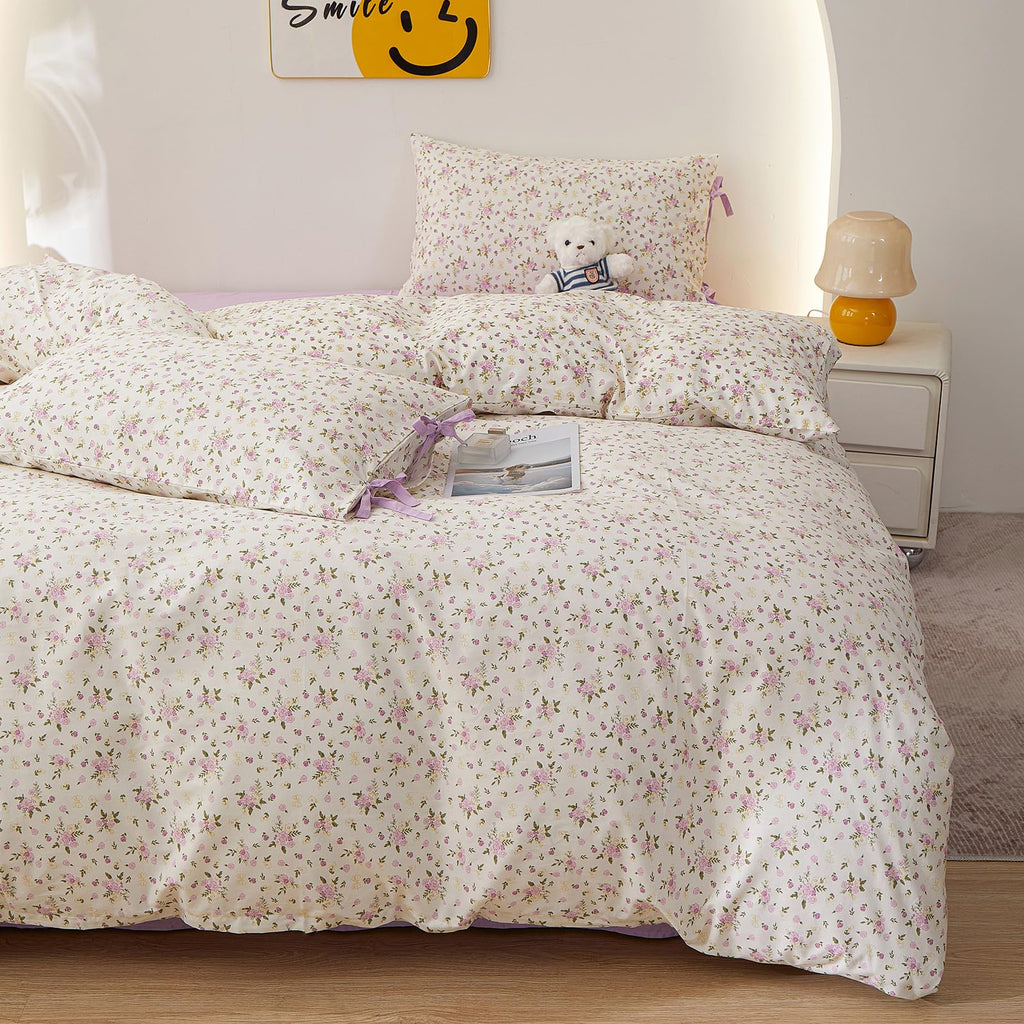 Farmhouse Boho Comforter Set Queen Floral with 2 Bowknot Bow Tie Pillowcases, Soft Cotton Fluffy Queen Comforter Bed
